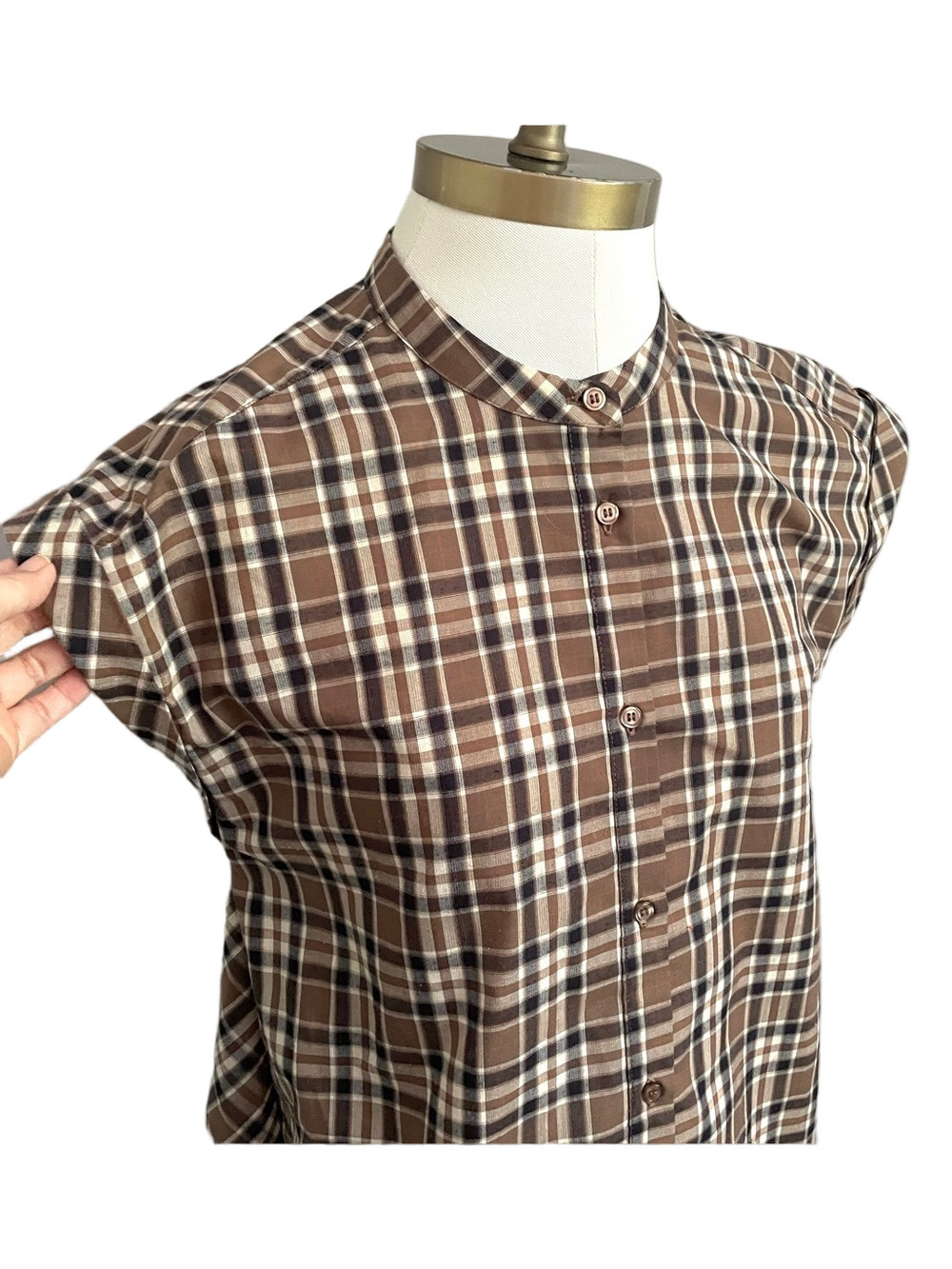 Classic Brown Blue Plaid Sleeveless Tunic Blouse - Small, Japanese brand 🇯🇵 - Picture 4 of 12